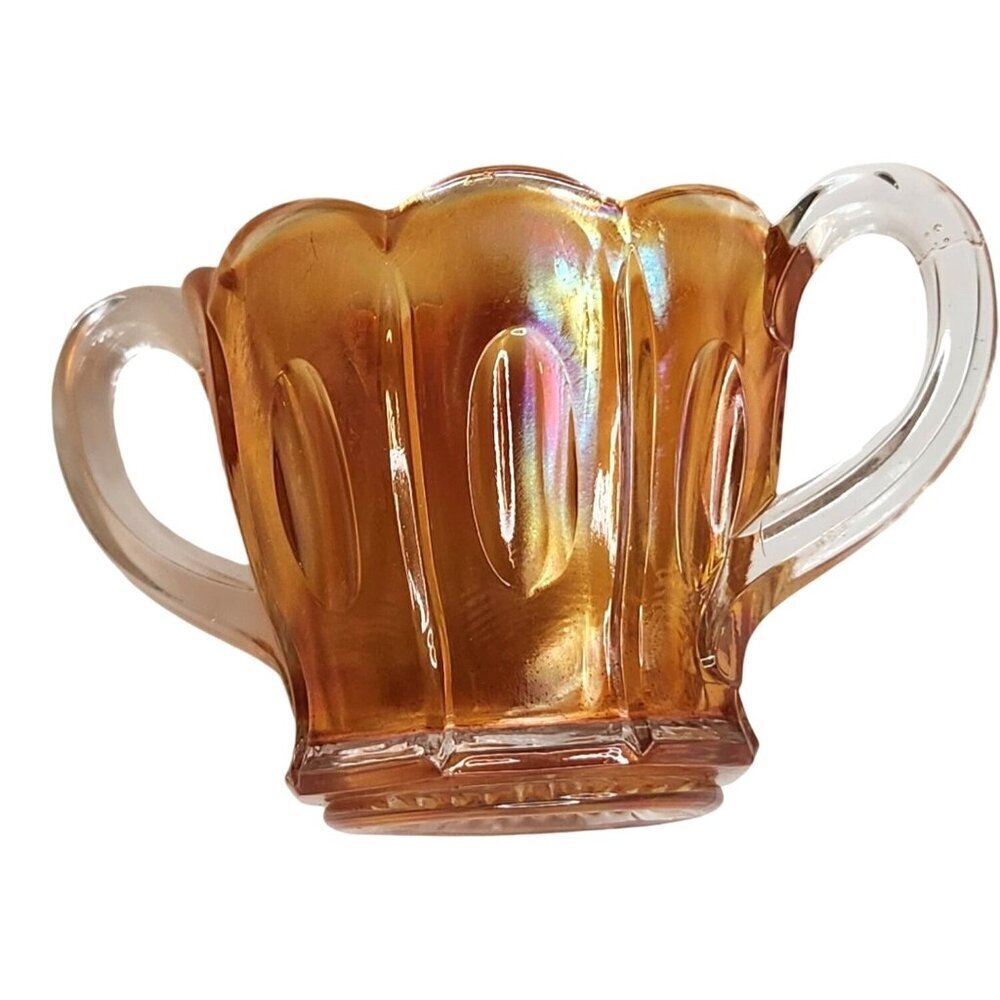 Dugan Long Thumbprint Marigold Carnival Sugar Depression Glass Sugar Bowl